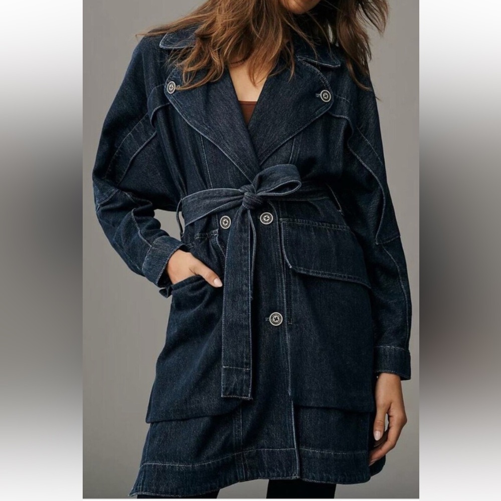 Anthropologie Pilcro Oversized Draped Dolman Denim Trench with Self-Tie Belt